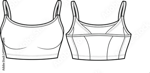 Women's sports bra technical flat fashion sketch front and back view, modern activewear design template for fitness apparel designers