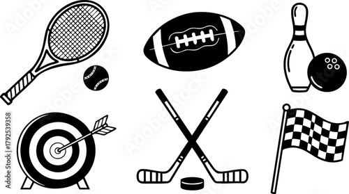 Sports icons collection featuring tennis racket ball football bowling pin target hockey sticks puck and checkered flag vector illustration