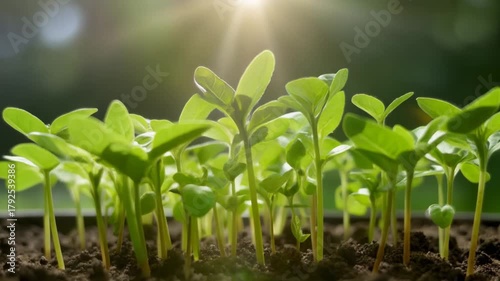 Vibrant green seedlings growing in rich soil under bright sunlight, symbolizing new life and nature's growth.