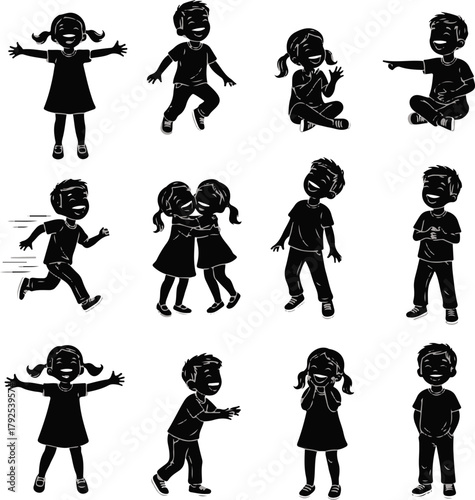 Black Silhouette of 12 Laughing Children – Boys and Girls in Joyful Poses on White Background