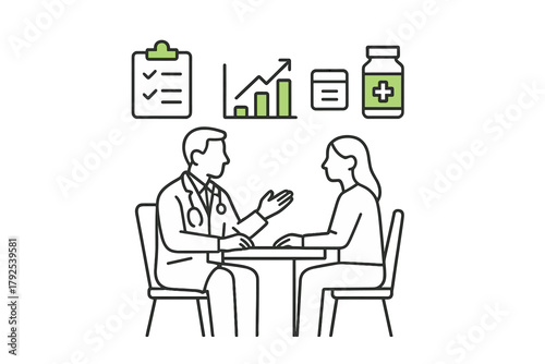 Healthcare professional meeting with a patient to discuss diagnosis, treatment, and medical records