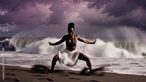 Black woman expressing freedom and strength through movement on a dark sand beach, moving gracefully as powerful ocean waves crash under a dramatic, stormy sky