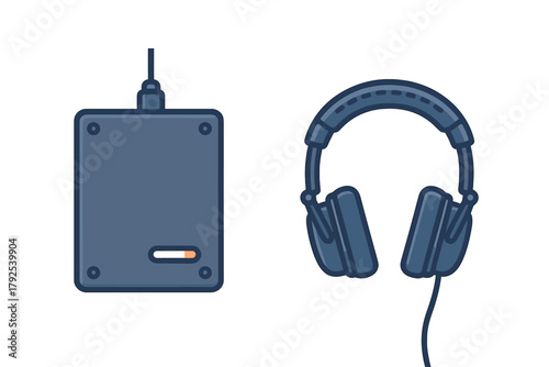 Portable audio player and wired over-ear headphones for listening