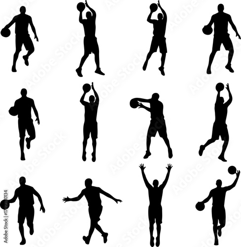 Black Silhouette of 12 Dynamic Basketball Moves – High Detail Sports Action on White Background