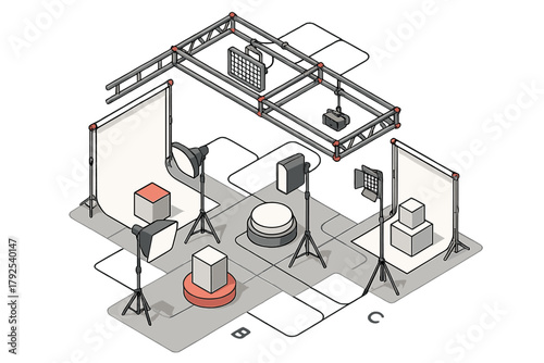 Professional photo and video production studio setup with lighting, backdrops, and overhead truss system