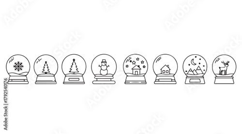 Collection of eight distinct landmark and scenic snow globe silhouettes in a row silhouette