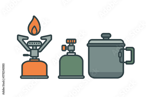 Essential outdoor cooking gear featuring a portable burner, fuel canister, and camping pot