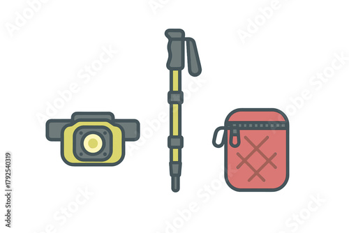 Essential outdoor adventure gear including a headlamp, trekking pole, and storage bag