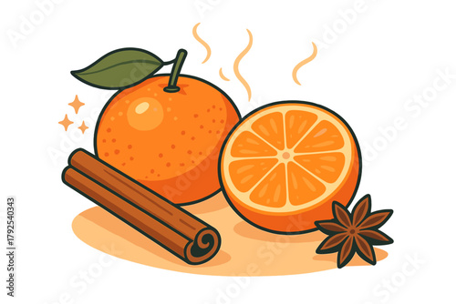 Fresh orange fruit, cinnamon sticks, and star anise spice arranged in an aromatic composition
