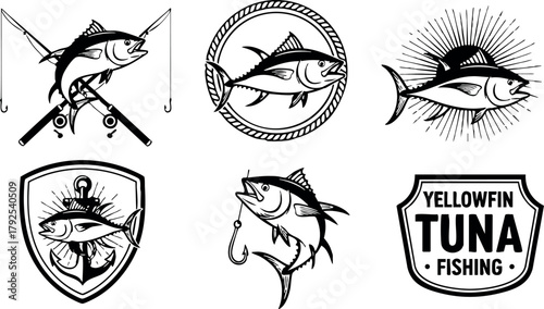 Yellowfin tuna fishing badge emblem collection with fish rod hook and shield vector design