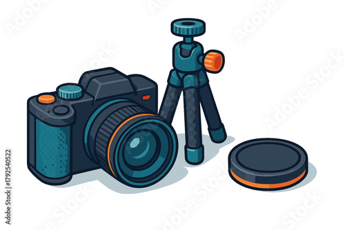 Digital mirrorless camera, compact tabletop tripod, and lens cap accessory set