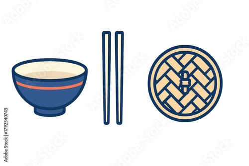 Traditional Asian dining set featuring a rice bowl, chopsticks, and bamboo steamer basket