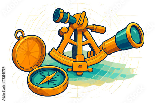 Classic brass sextant and open magnetic compass used for traditional maritime navigation