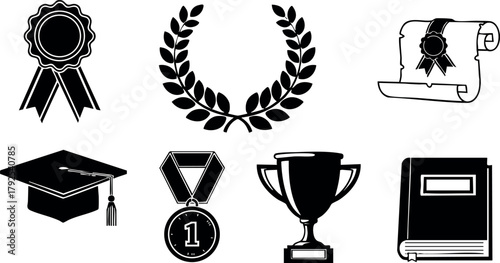 Academic achievement black icon set with graduation cap, medal, trophy, laurel wreath, certificate, and book vector illustration