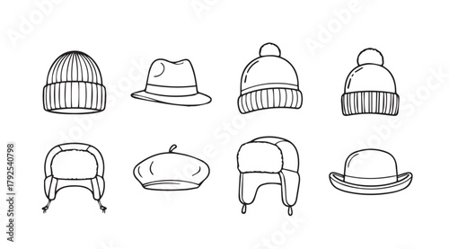 Collection of eight different winter hats and caps in a simple line drawing silhouette style