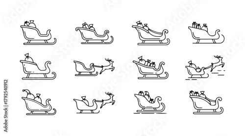 Collection of twelve different christmas sleighs with santa claus and reindeer silhouette