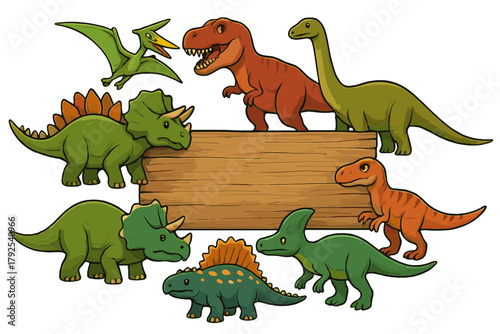 Cute cartoon prehistoric dinosaurs surrounding a blank wooden banner sign for text display