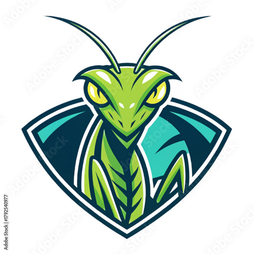 Electric Mantis Esport Mascot Logo Vector – Futuristic Insect Warrior Emblem with Solid Lime and Teal Flat Design, Clean Modern Gaming Badge

