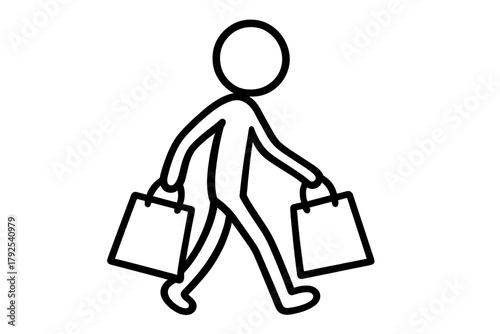 Stylized outline of a person walking forward while carrying shopping bags in both hands