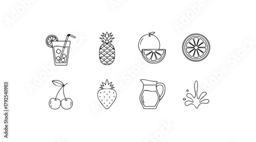 Collection of tropical fruit and drink icons in a simple silhouette style