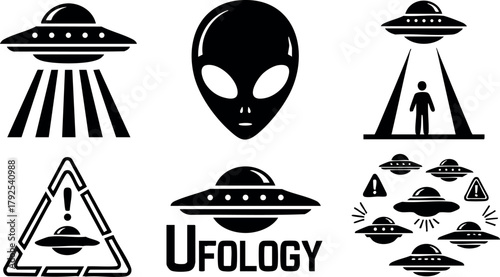 UFO and alien spaceship icons with abduction and warning symbols in black vector design