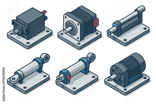 Isometric set of industrial automation components including electric motors, servo actuators, and hydraulic cylinders