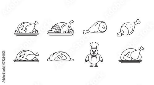 Collection of hand drawn roasted chicken and chef silhouettes for culinary themes silhouette