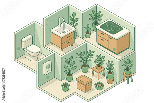 Detailed isometric floor plan showing a modern apartment interior with kitchen, bathroom, and many houseplants