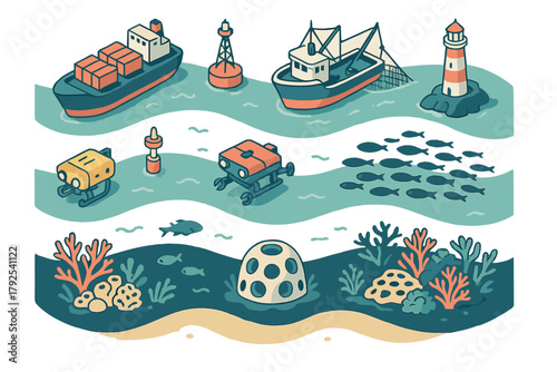 Maritime environment showing shipping, fishing, navigation, and deep sea exploration