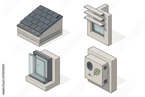 Isometric cross sections of energy efficient building components: roof, window, and ventilation details
