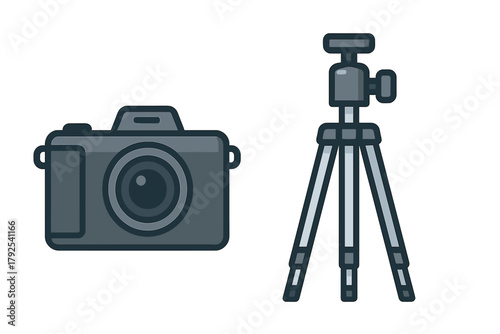 Modern digital camera and sturdy tripod stand, essential photography equipment set