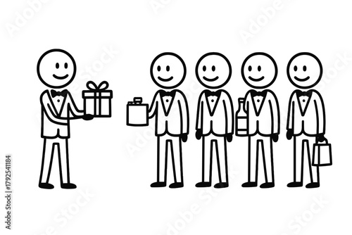 Five smiling figures in formal suits exchanging gifts and supplies for a special occasion