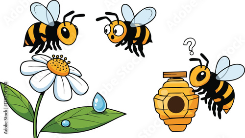 Cartoon Bees Interacting Near Flower And Beehive With Question Mark