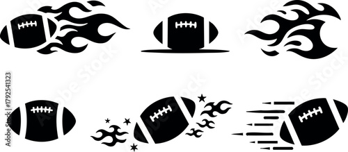American football ball with fire flames icons vector set in black silhouette style for sports design and decoration
