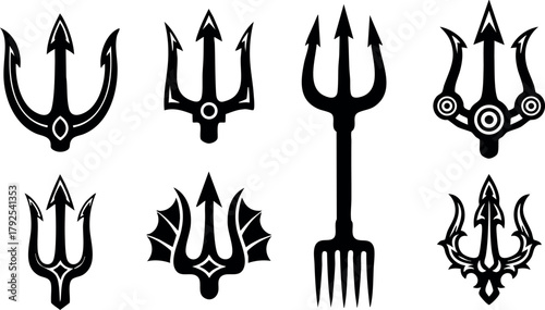Trident vector icons set with various designs and styles in black silhouette for mythology and ocean themes