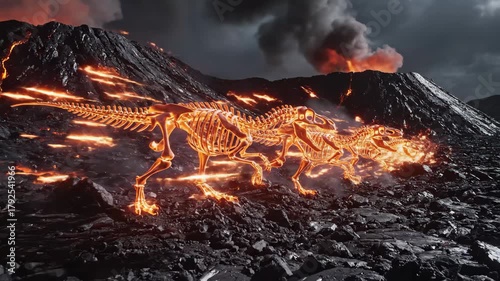 Glowing dinosaur skeletons, possibly t-rex or similar theropods, are fleeing from an active erupting volcano under a dark, smoke-filled sky, symbolizing a prehistoric extinction event