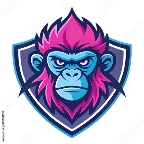 Plasma Monkey Esport Mascot Logo Vector – Futuristic Neon Primate Emblem with Solid Magenta and Blue Flat Design, Heavy Outlines, Modern Gaming Crest

