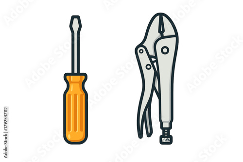 Essential repair and construction hand tools: flathead screwdriver and adjustable locking pliers