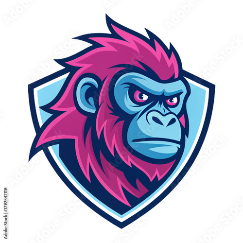 Plasma Monkey Esport Mascot Logo Vector – Futuristic Neon Primate Emblem with Solid Magenta and Blue Flat Design, Heavy Outlines, Modern Gaming Crest

