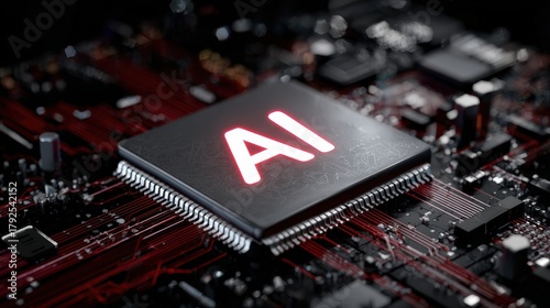 Illumination of artificial intelligence initials glows brightly on a sophisticated electronic processor.