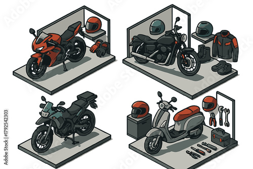 Isometric display of various motorbikes: sport, cruiser, adventure, and scooter, with riding gear and repair tools