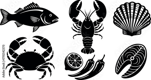 Seafood vector collection with fish crab lobster shell lemon and chili pepper icons in black silhouette style