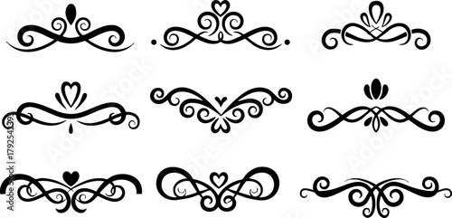 Decorative black ornamental vector flourishes with heart motifs for elegant design and vintage style embellishments