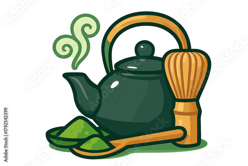 Traditional Japanese matcha tea ceremony set with teapot, whisk, and green powder