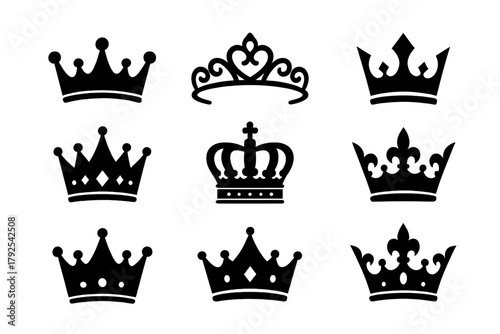 Collection of nine royal crowns and tiara silhouettes symbolizing monarchy and leadership