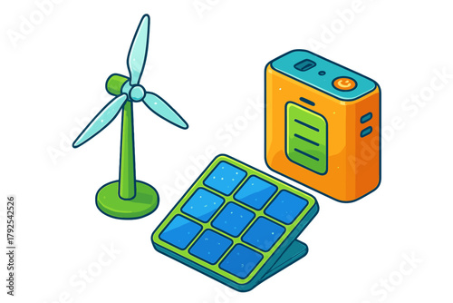 Isometric renewable energy setup featuring wind turbine, solar panel, and portable power bank
