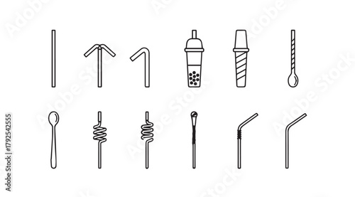 Collection of various drinking straws in a simple line art silhouette style
