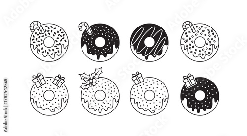 Collection of eight hand drawn donut illustrations in silhouette style