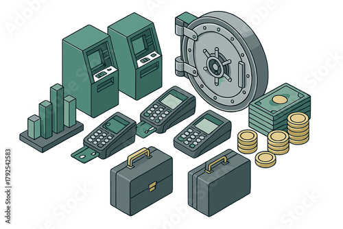 Isometric financial and banking icons featuring ATMs, vault, POS terminals, money, and briefcases