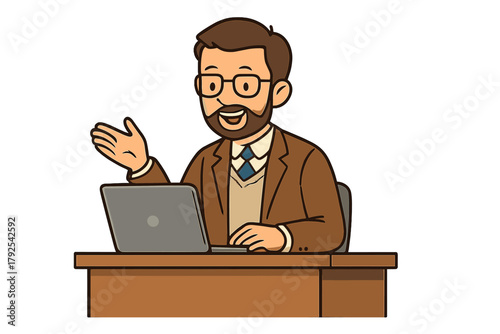 Bearded professional man using laptop at desk while actively gesturing